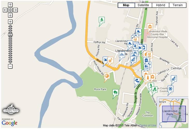 A screenshot of the Llandrindod Green Map. Click on the image to go to the map on the Open Green Map website.